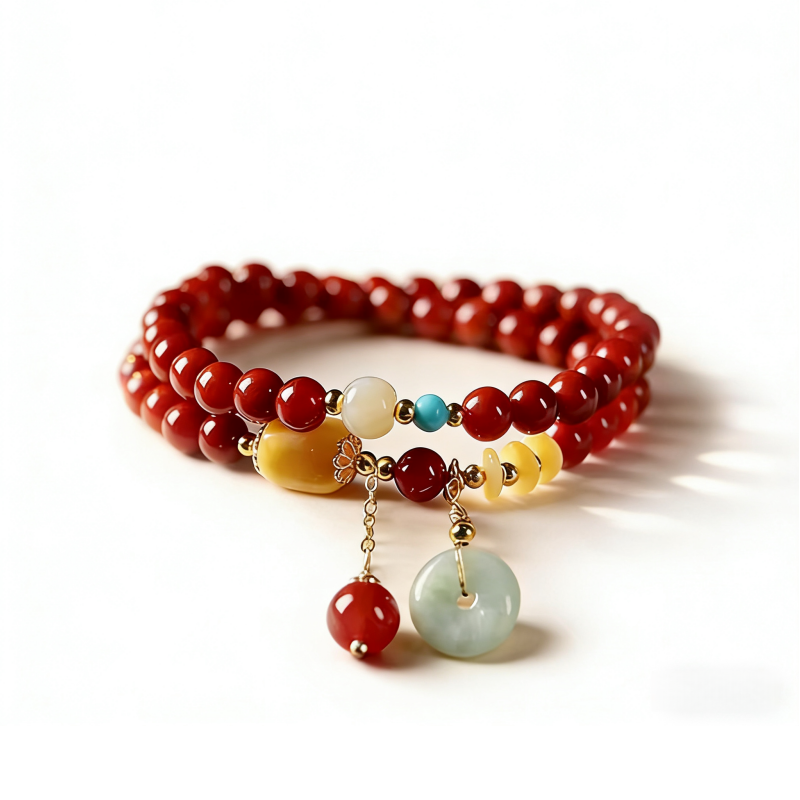 Double-Wrap Nanhong & Amber Bracelet – Jade Peace Pendant, New Chinese Vintage Style P01