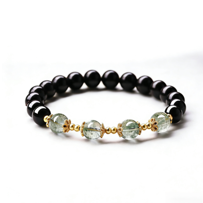 Obsidian & Green Phantom Quartz Bracelet – For Emotional Clarity & Abundance