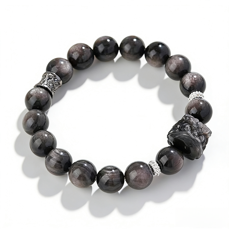 Silver Sheen Obsidian Lion Head Bracelet – Unisex Couple Energy Jewelry